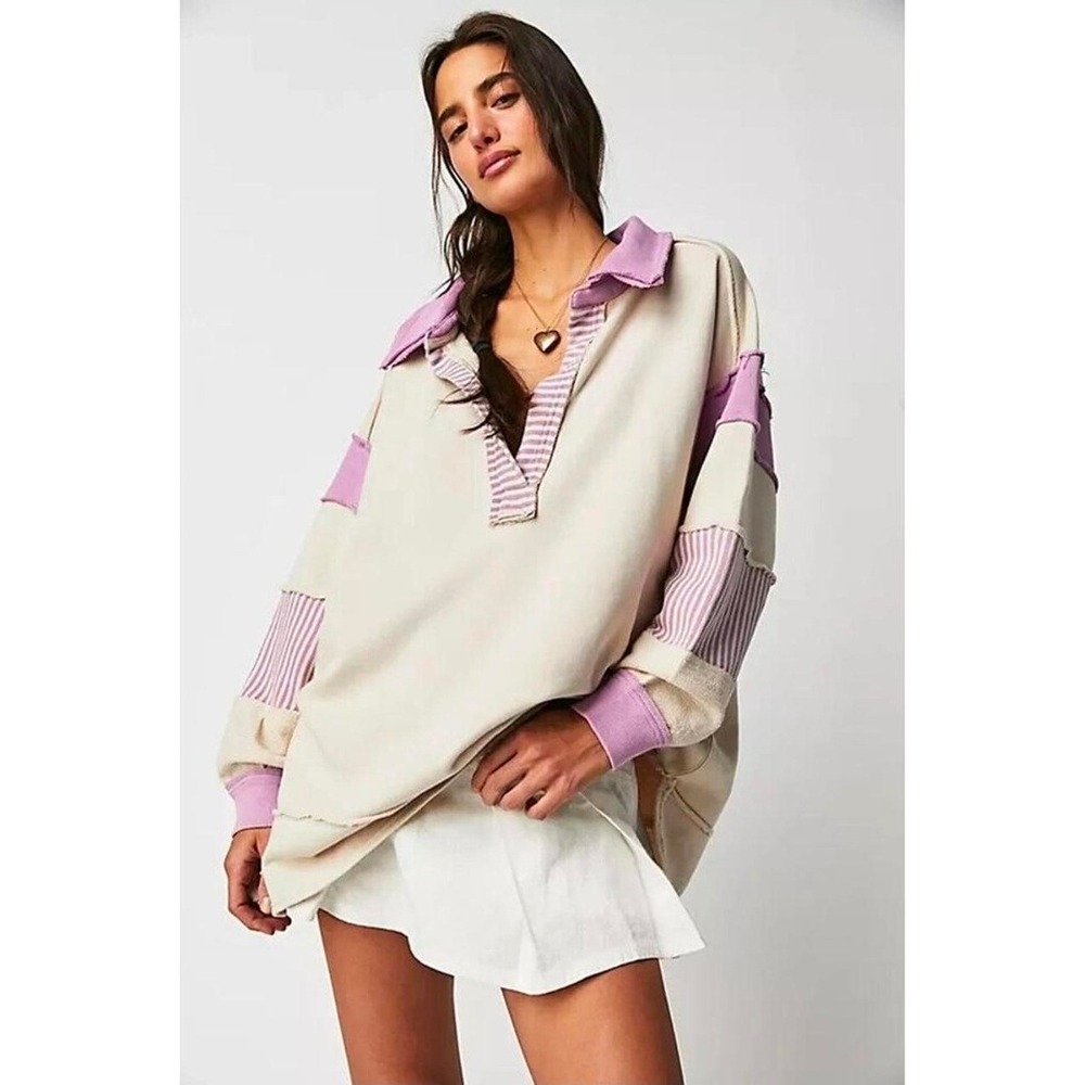 Free People Clean Prep oversized M Pullover Patchwork Sweatshirt Beige Purple